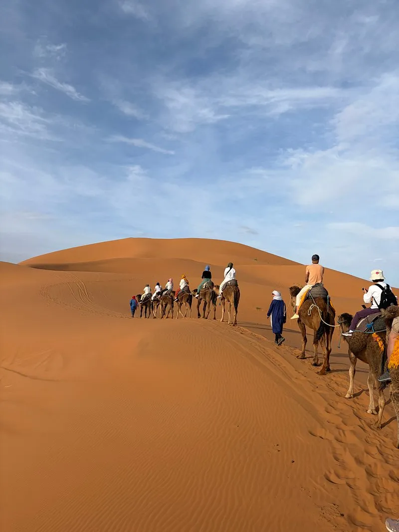Camel ride at sunset in the Sahara Desert of Merzouga, during a 6 Days Desert Tour from Fes, Morocco