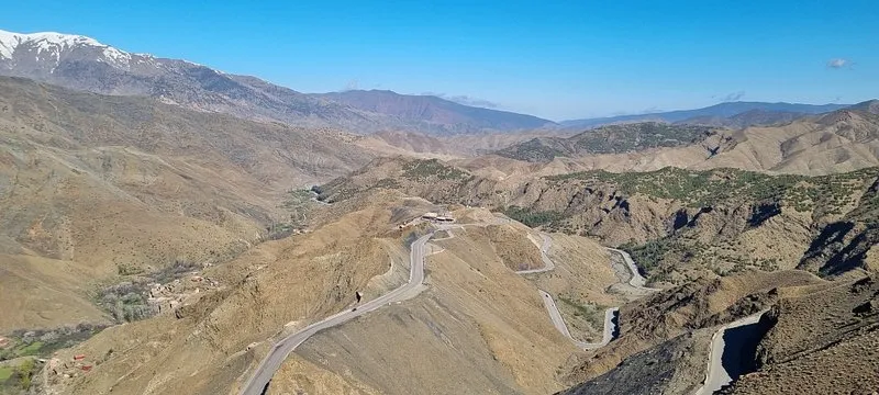 the winding road in Tochka pass High Atlas Mountains Morocco.