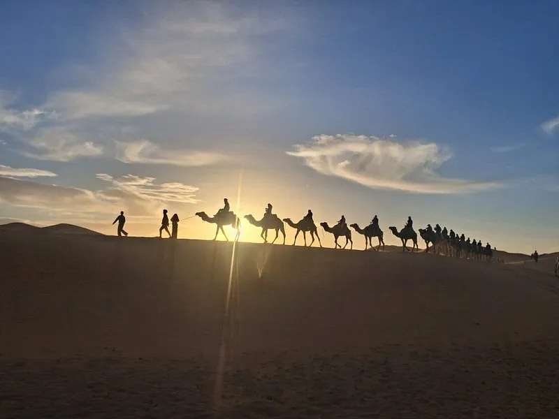 Camel Trekking at sunset in Merzouga, Morocco